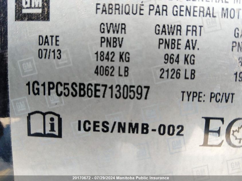 2014 Chevrolet Cruze Lt Turbo VIN: 1G1PC5SB6E7130597 Lot: 20170672