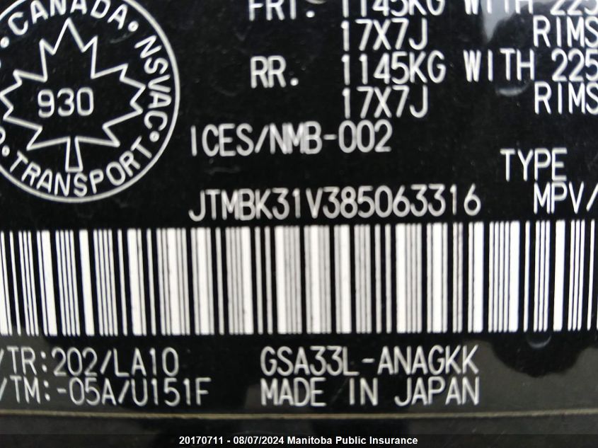 2008 Toyota Rav4 Limited V6 VIN: JTMBK31V385063316 Lot: 20170711