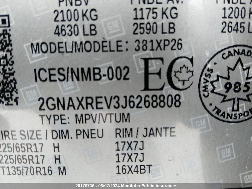 2018 Chevrolet Equinox Ls VIN: 2GNAXREV3J6268808 Lot: 20170736