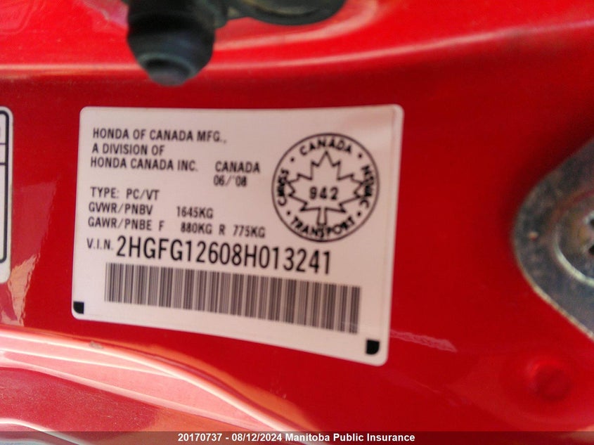 2008 Honda Civic Lx-Sr VIN: 2HGFG12608H013241 Lot: 20170737