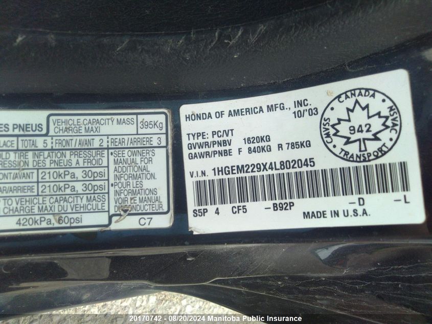 2004 Honda Civic Si-G VIN: 1HGEM229X4L802045 Lot: 20170742