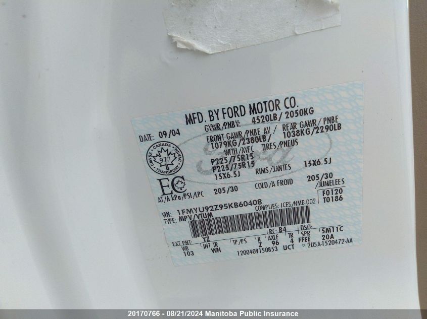 2005 Ford Escape Xls VIN: 1FMYU92Z95KB60408 Lot: 20170766