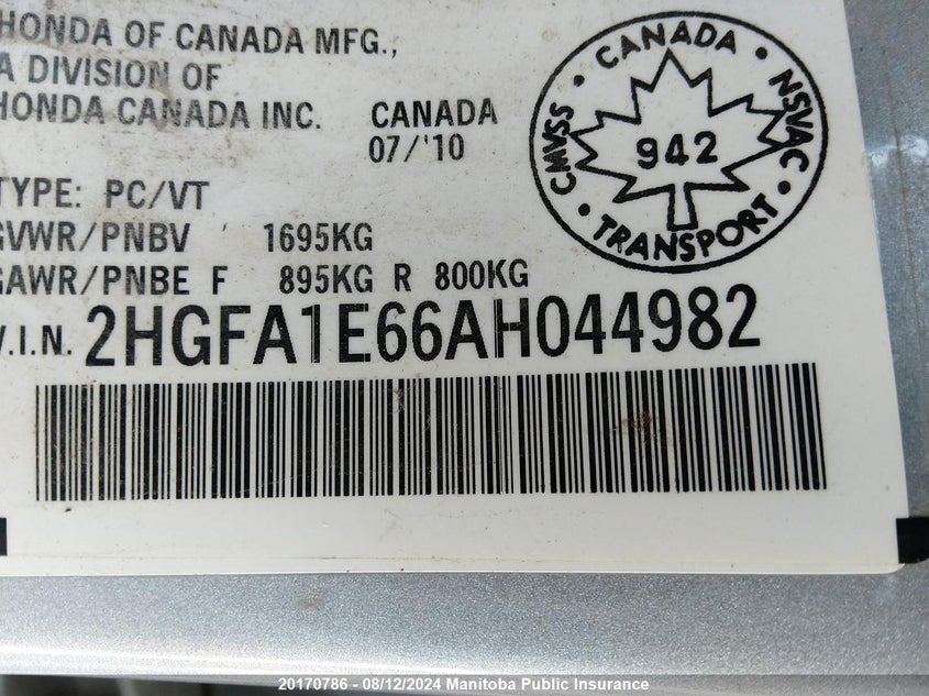 2010 Honda Civic Sport VIN: 2HGFA1E66AH044982 Lot: 20170786