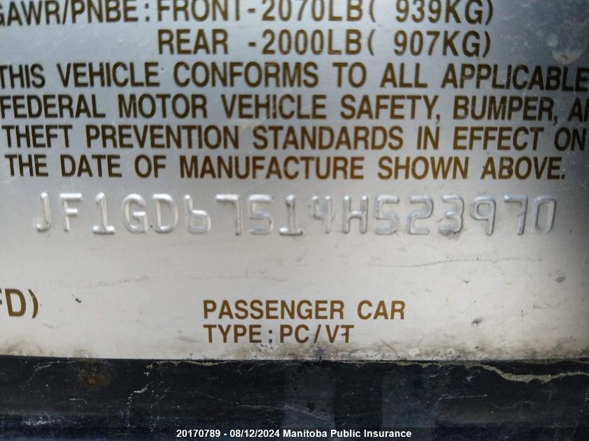 2004 Subaru Impreza 2.5Rs VIN: JF1GD67514H523970 Lot: 20170789