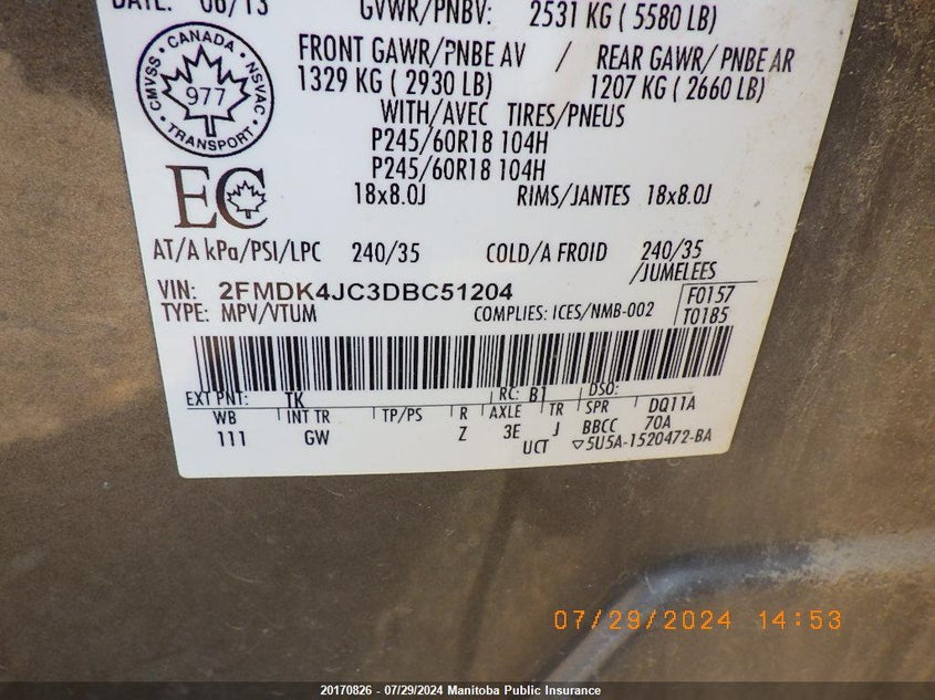 2013 Ford Edge Sel VIN: 2FMDK4JC3DBC51204 Lot: 20170826