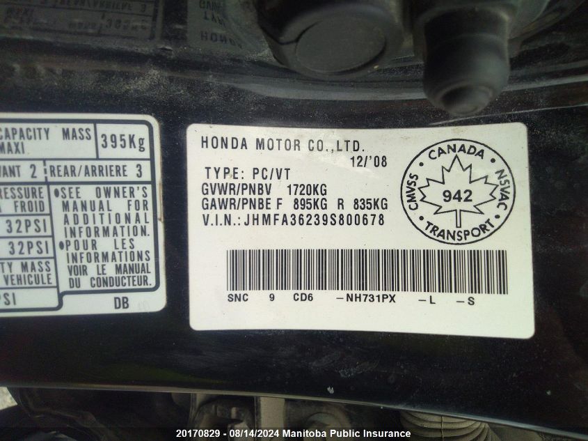 2009 Honda Civic Hybrid VIN: JHMFA36239S800678 Lot: 20170829