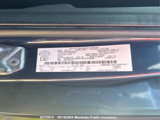 2018 Ford Escape Se VIN: 1FMCU9GD2JUC52028 Lot: 20170874