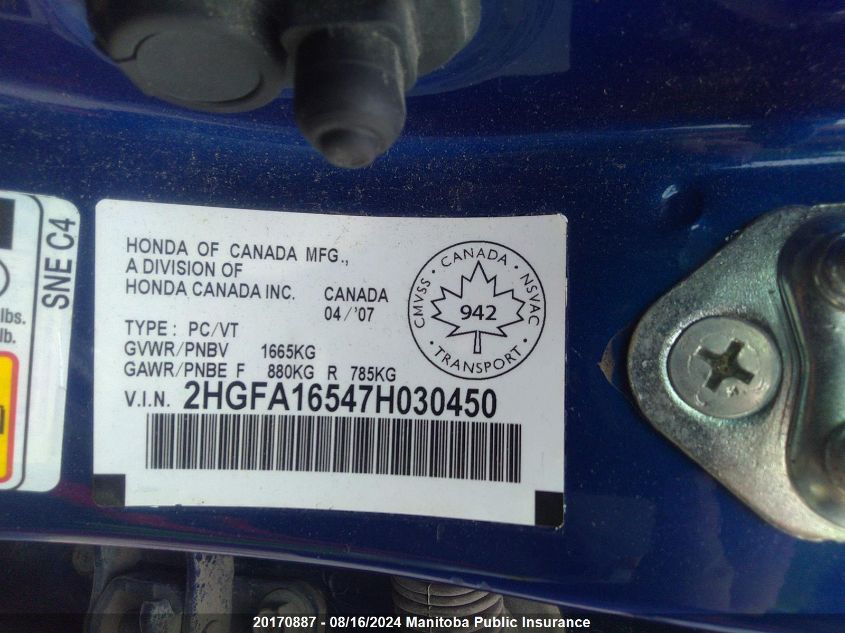 2007 Honda Civic Lx VIN: 2HGFA16547H030450 Lot: 20170887