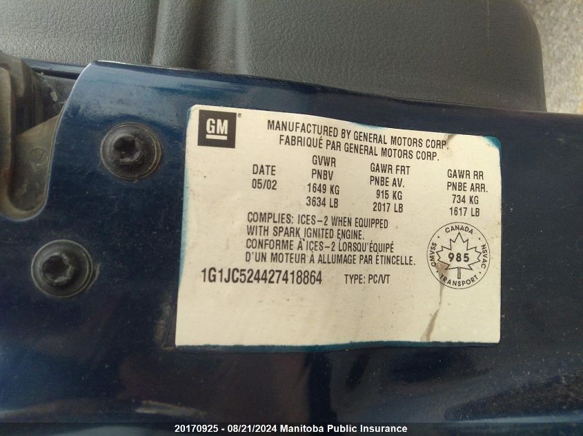 2002 Chevrolet Cavalier Vlx VIN: 1G1JC524427418864 Lot: 20170925