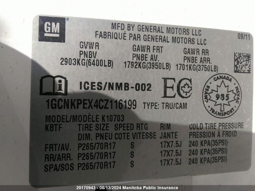 2012 Chevrolet Silverado 1500 Lt VIN: 1GCNKPEX4CZ116199 Lot: 20170943