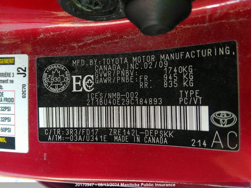 2009 Toyota Corolla S VIN: 2T1BU40E29C184893 Lot: 20170947