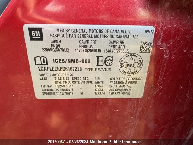 2013 Chevrolet Equinox Lt VIN: 2GNFLEEK6D6167220 Lot: 20170987