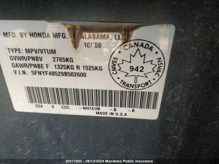 2009 Honda Pilot Ex-L VIN: 5FNYF48529B502600 Lot: 20171005