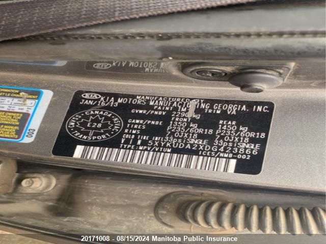 2013 Kia Sorento Ex V6 VIN: 5XYKUDA2XDG423866 Lot: 20171008