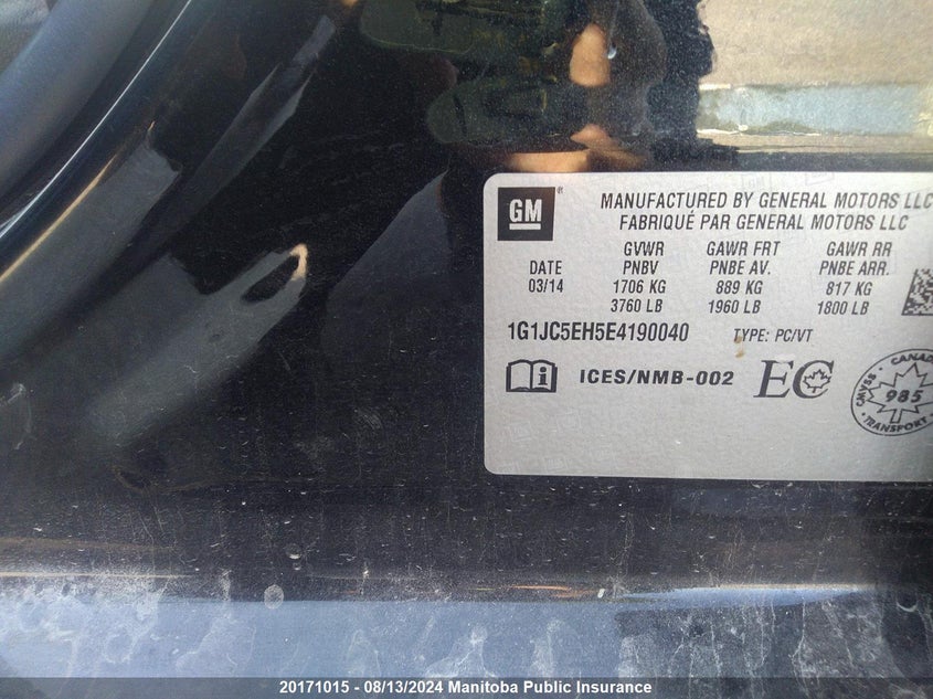 2014 Chevrolet Sonic Lt VIN: 1G1JC5EH5E4190040 Lot: 20171015