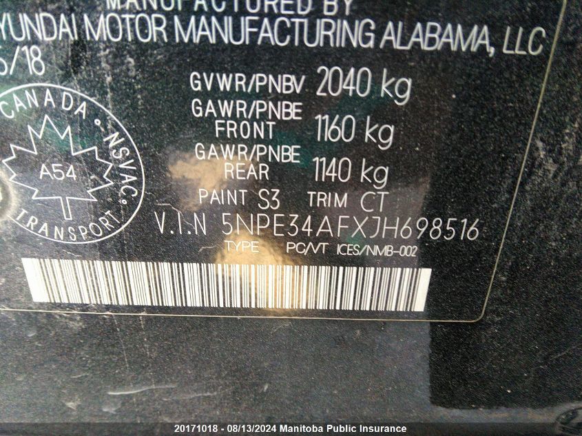 2018 Hyundai Sonata Sport VIN: 5NPE34AFXJH698516 Lot: 20171018