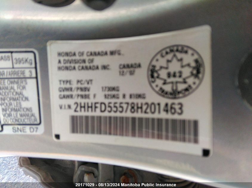 2008 Acura Csx VIN: 2HHFD55578H201463 Lot: 20171029
