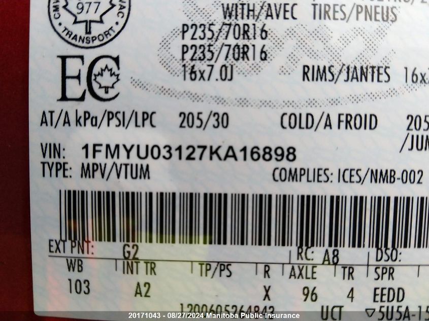 2007 Ford Escape Xlt V6 VIN: 1FMYU03127KA16898 Lot: 20171043