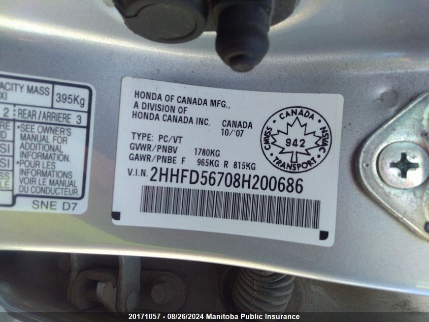 2008 Acura Csx Premium VIN: 2HHFD56708H200686 Lot: 20171057