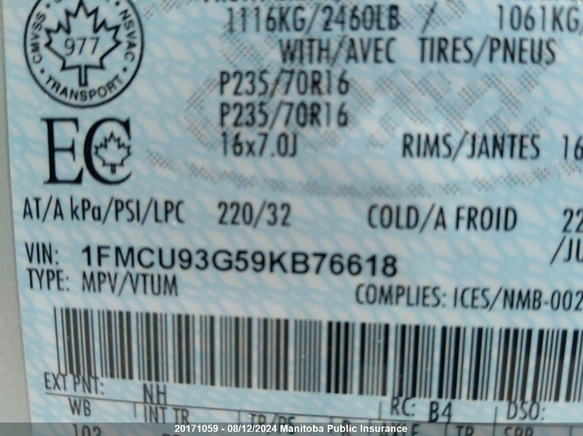 2009 Ford Escape Xlt V6 VIN: 1FMCU93G59KB76618 Lot: 20171059