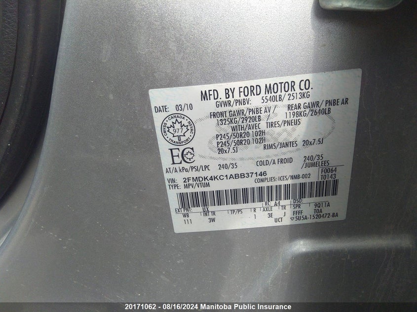 2010 Ford Edge Limited VIN: 2FMDK4KC1ABB37146 Lot: 20171062