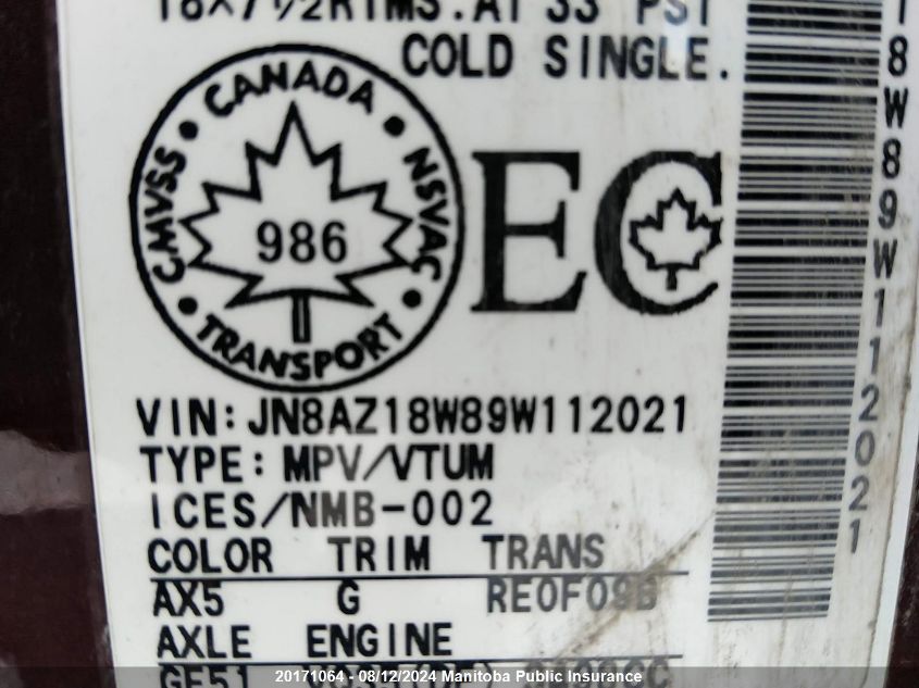 2009 Nissan Murano Sl VIN: JN8AZ18W89W112021 Lot: 20171064