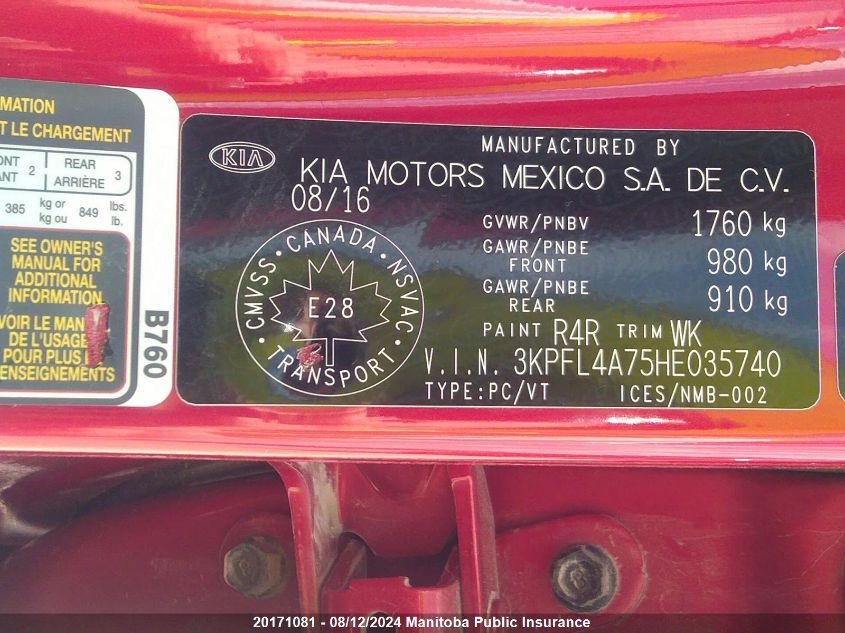 2017 Kia Forte Lx VIN: 3KPFL4A75HE035740 Lot: 20171081