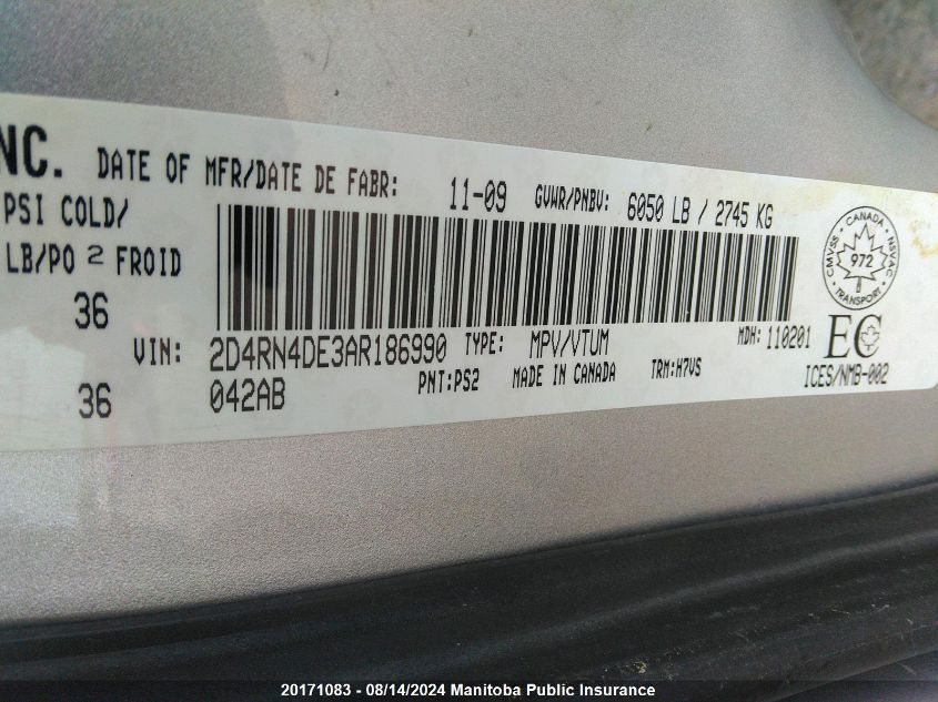 2010 Dodge Grand Caravan Se VIN: 2D4RN4DE3AR186990 Lot: 20171083