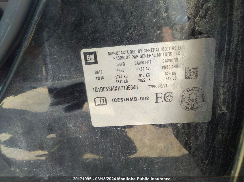 2017 Chevrolet Cruze Lt Turbo VIN: 1G1BE5SMXH7195348 Lot: 20171095