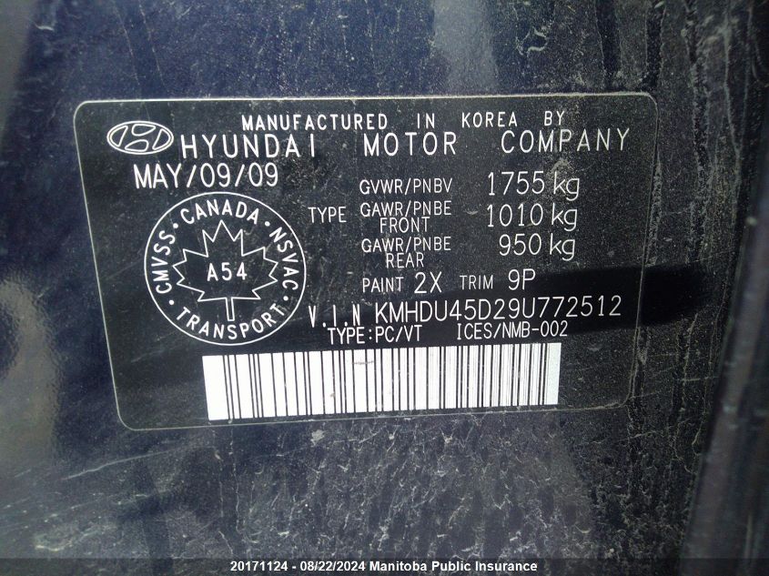 2009 Hyundai Elantra Gls VIN: KMHDU45D29U772512 Lot: 20171124