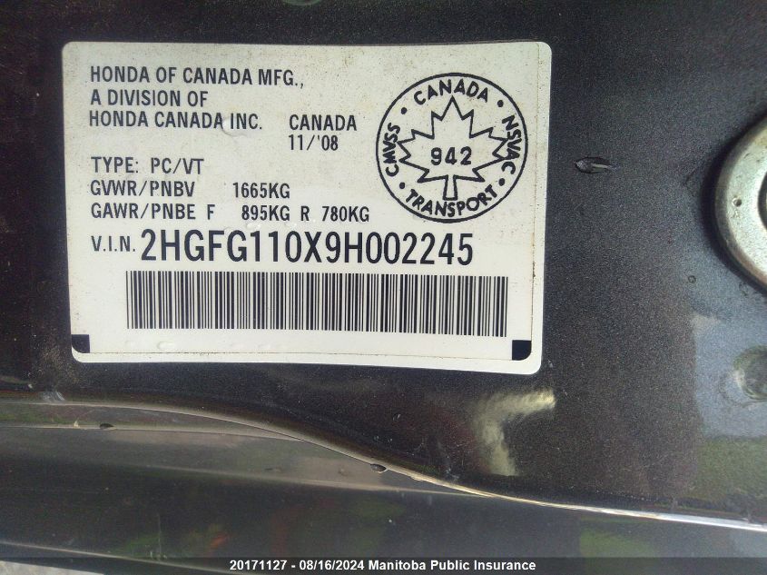 2009 Honda Civic Ex-L VIN: 2HGFG110X9H002245 Lot: 20171127