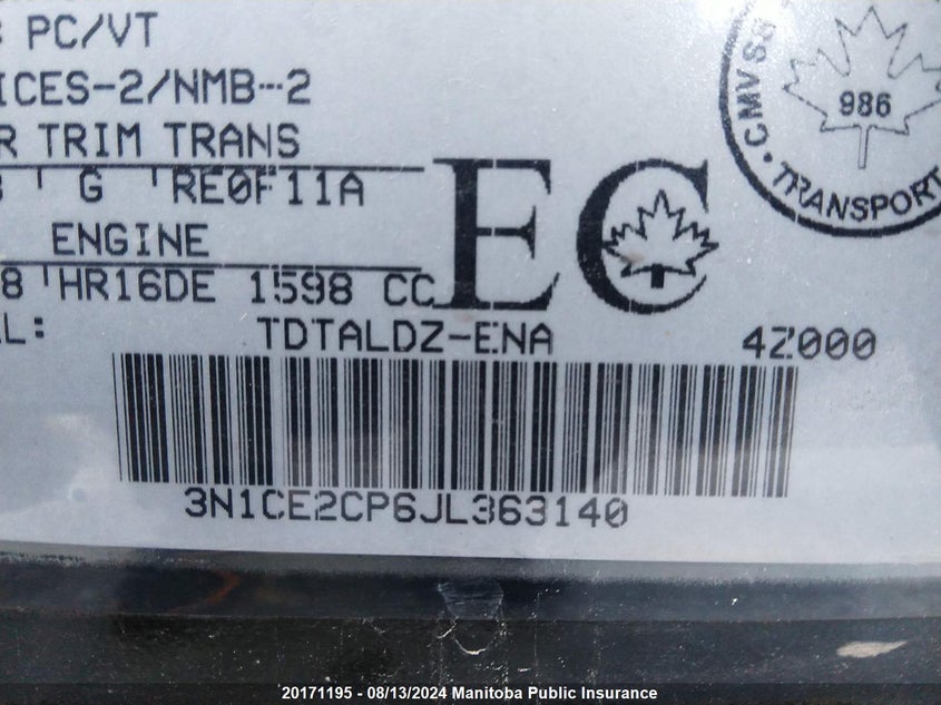 2018 Nissan Versa Note Sv VIN: 3N1CE2CP6JL363140 Lot: 20171195