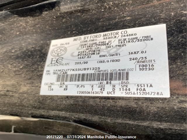 2005 Ford Explorer Sport Trac VIN: 1FMZU77K55UB91325 Lot: 20171220