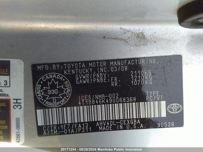 2009 Toyota Camry Hybrid VIN: 4T1BB46K49U068368 Lot: 20171254