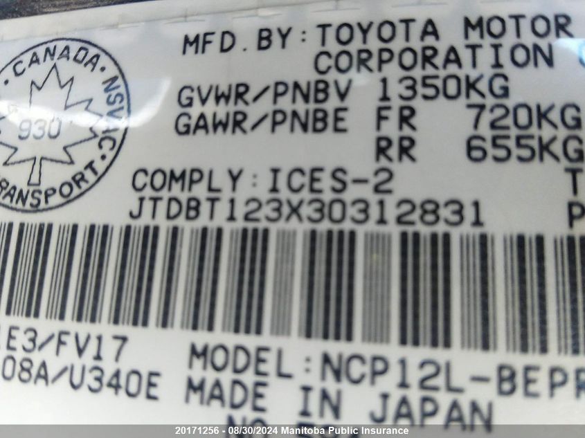 2003 Toyota Echo VIN: JTDBT123X30312831 Lot: 20171256