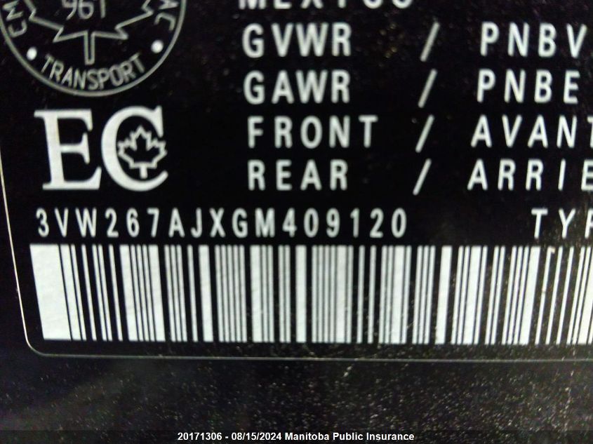 2016 Volkswagen Jetta 1.4 Tsi VIN: 3VW267AJXGM409120 Lot: 20171306