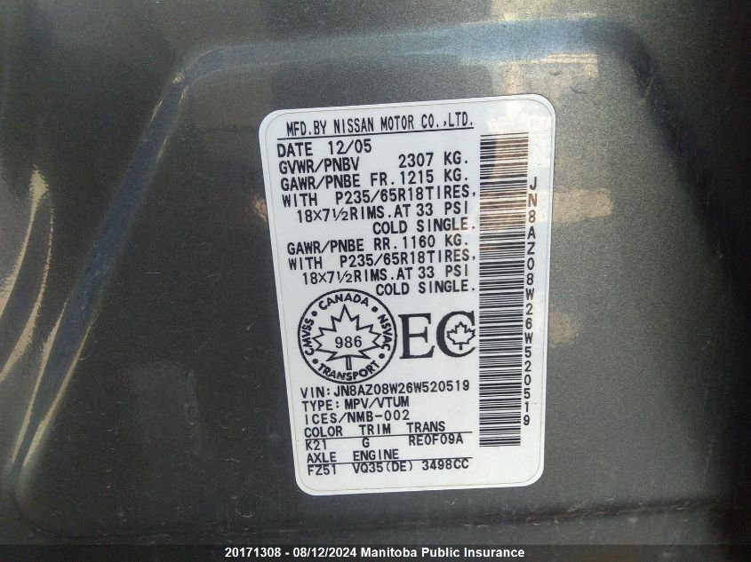 2006 Nissan Murano Sl VIN: JN8AZ08W26W520519 Lot: 20171308