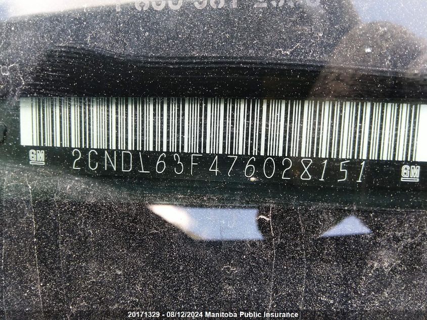 2007 Chevrolet Equinox Lt V6 VIN: 2CNDL63F476028151 Lot: 20171329