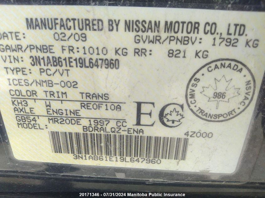 2009 Nissan Sentra 2.0 VIN: 3N1AB61E19L647960 Lot: 20171346