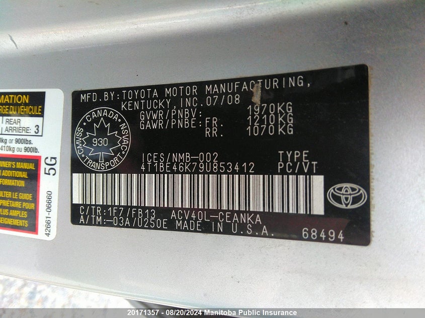 2009 Toyota Camry Le VIN: 4T1BE46K79U853412 Lot: 20171357