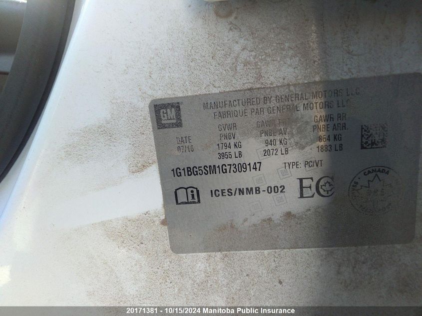 2016 Chevrolet Cruze Premier Turbo VIN: 1G1BG5SM1G7309147 Lot: 20171381