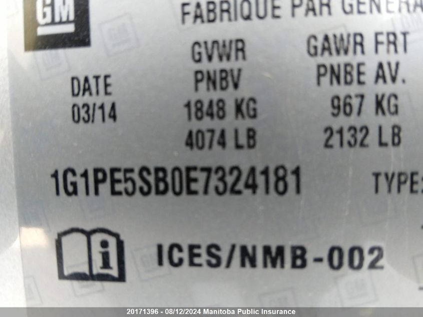 2014 Chevrolet Cruze Lt Turbo VIN: 1G1PE5SB0E7324181 Lot: 20171396