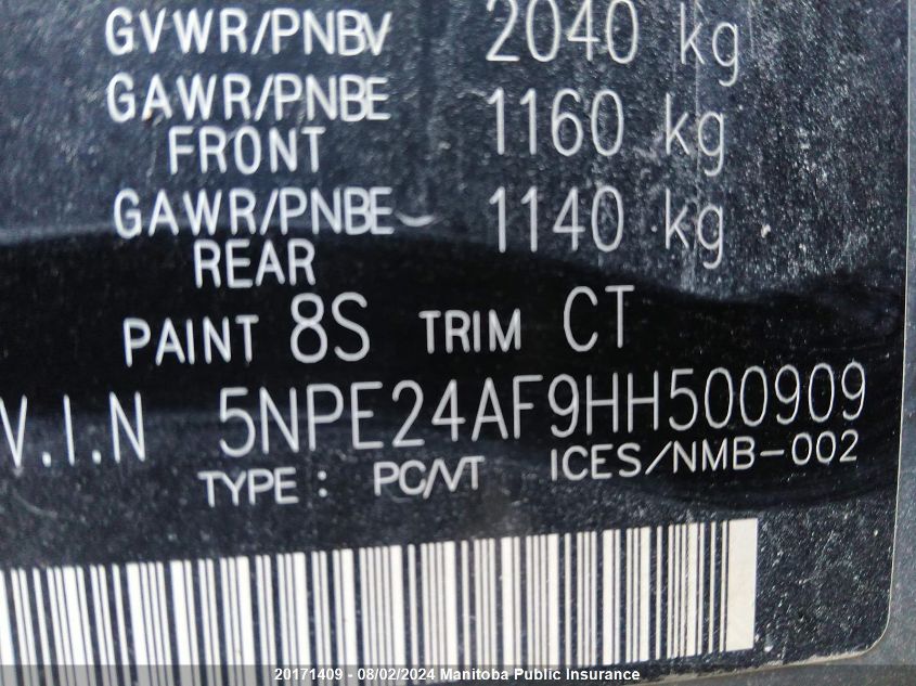 2017 Hyundai Sonata Gls VIN: 5NPE24AF9HH500909 Lot: 20171409