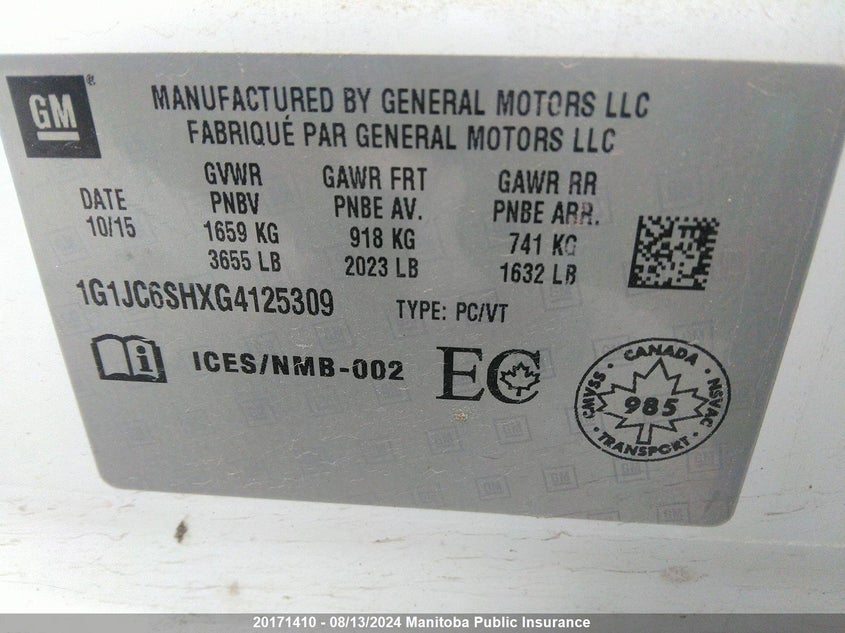 2016 Chevrolet Sonic Lt VIN: 1G1JC6SHXG4125309 Lot: 20171410