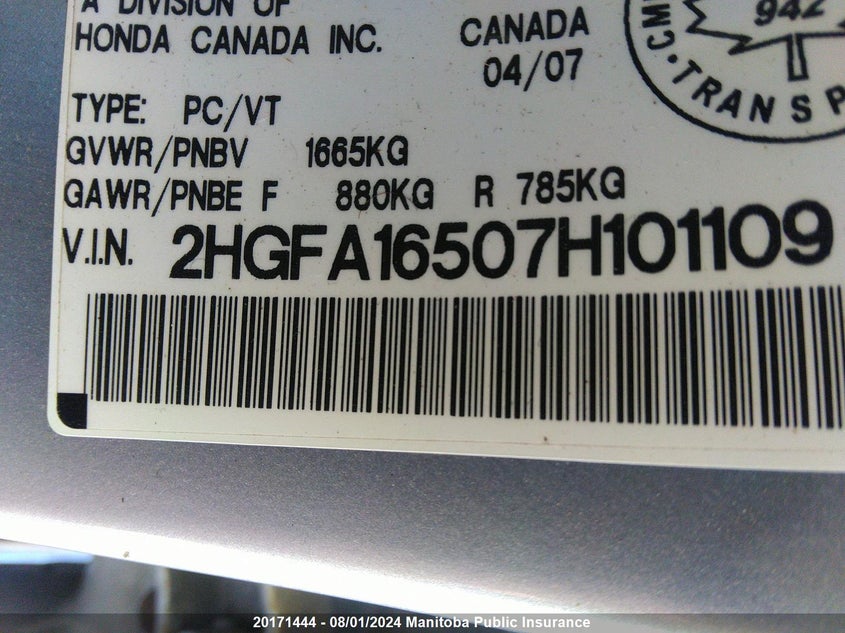 2007 Honda Civic Lx VIN: 2HGFA16507H101109 Lot: 20171444