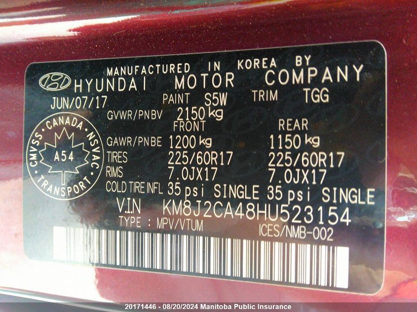 2017 Hyundai Tucson VIN: KM8J2CA48HU523154 Lot: 20171446