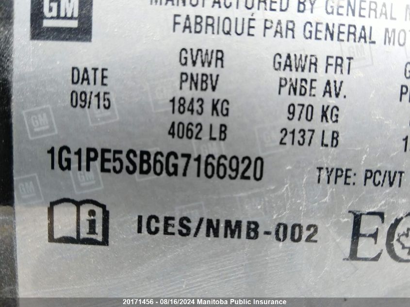 2016 Chevrolet Cruze Lt Turbo VIN: 1G1PE5SB6G7166920 Lot: 20171456