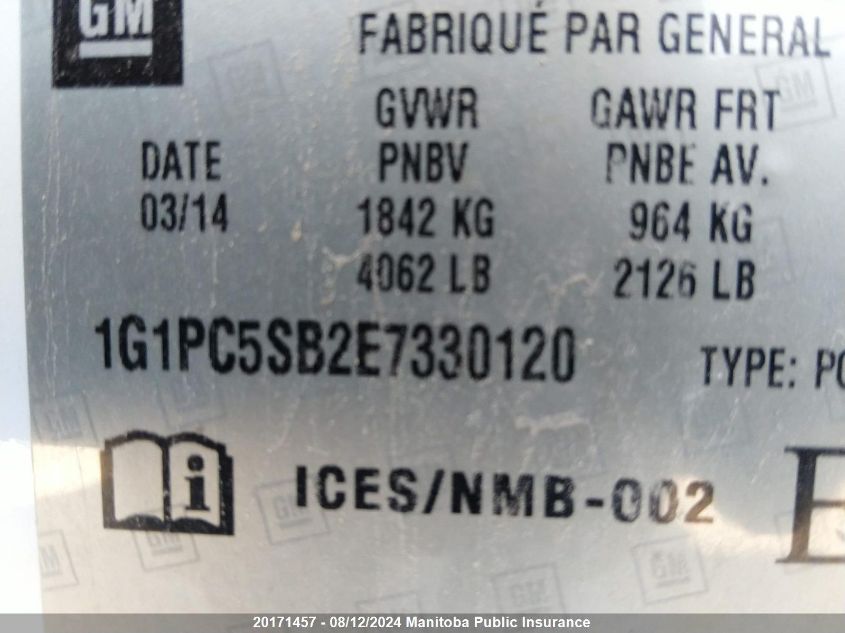 2014 Chevrolet Cruze VIN: 1G1PC5SB2E7330120 Lot: 20171457