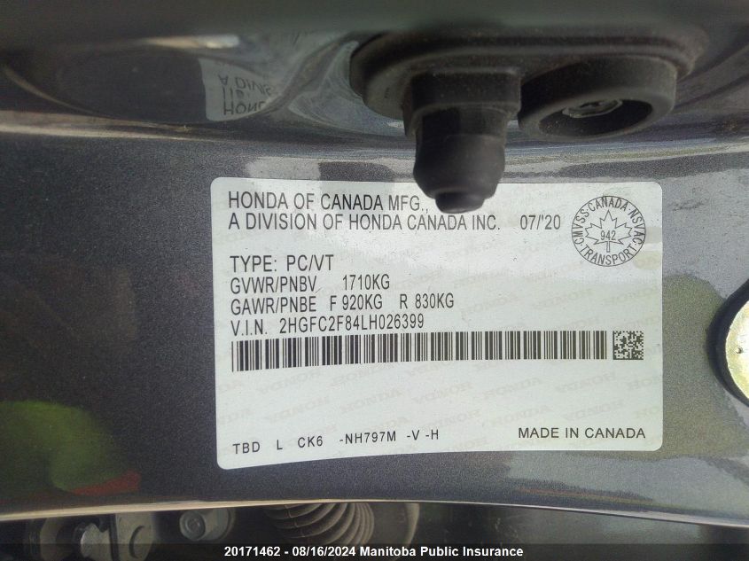 2020 Honda Civic Sport VIN: 2HGFC2F84LH026399 Lot: 20171462