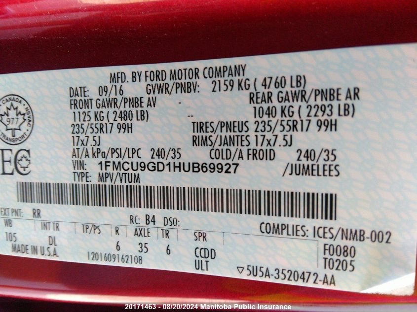 2017 Ford Escape Se VIN: 1FMCU9GD1HUB69927 Lot: 20171463